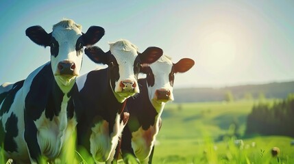 Wall Mural - Three Black and White Cows in a Green Field