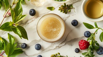 Wall Mural - A glass jar filled with a light yellow homemade honey-lemon facial mask sits on a white marble background, surrounded by blueberries, raspberries, and leafy sprigs.