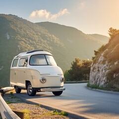 On the Road Again vintage camper van parked on a winding mountain road