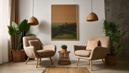 Two armchairs in room with white wall and big frame poster on it. Scandinavian style interior design of modern living room.