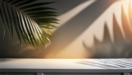 Wall Mural - Blank minimal white counter podium, soft beautiful dappled sunlight, tropical palm foliage leaf shadow on wall for luxury hygiene organic cosmetic, skincare, beauty treatment product background