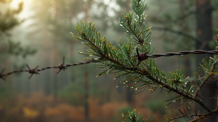 Canvas Print - Pine sprig in forest with barbed wire fence