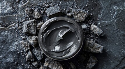 Wall Mural - A close-up image of a black charcoal face mask in a glass jar, surrounded by small, dark stones.