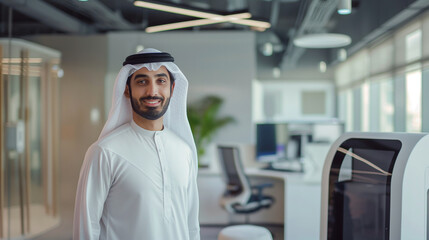 Dressed in traditional Arab attire, a standing and dynamic Arab handsome guy in a modern office, standing near a futuristic work pod, front light, smiling confidently and looking d