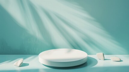 Aufkleber - Minimalist Product Presentation on White Round Podium with Bright Blue Sunlit Background
