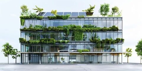 Wall Mural - Modern building with green walls, rooftop gardens, and solar panels, blending nature with urban architecture