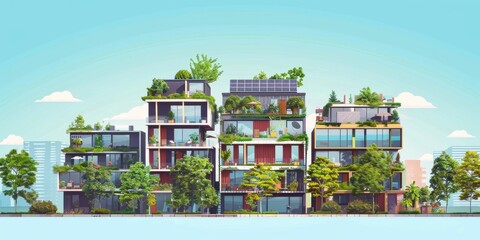 Wall Mural - Modern residential complex with green terraces, rooftop gardens, and solar panels, blending nature with urban living