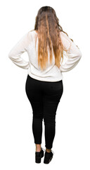 Canvas Print - Young beautiful woman wearing white sweater standing backwards looking away with arms on body