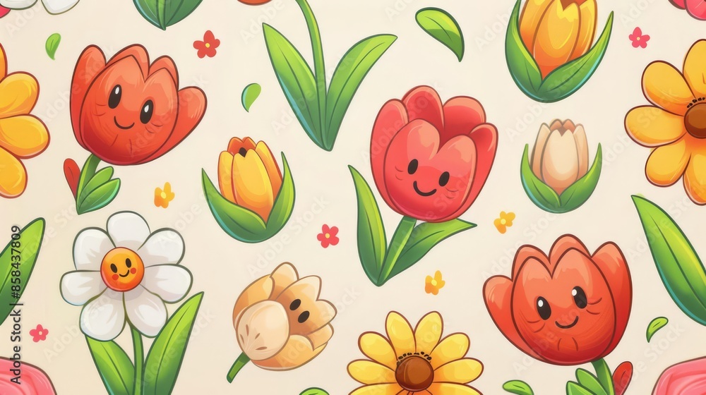 Playful chibi art clip art flowers, featuring cartoonish daisies, roses, and tulips with cheerful faces