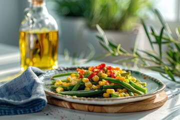 Steam-cooked green beans with corn on the dish