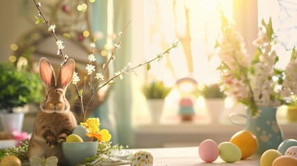 Sticker - Decorated Easter branches with eggs and bunny on table in bright room