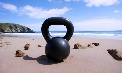 AI-generated illustration of a black kettlebell on a sandy beach with the ocean in the background