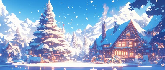 Wall Mural - A snowy landscape with a Christmas tree and houses. Anime background