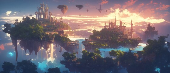 A beautiful landscape with a castle and a waterfall. Anime background