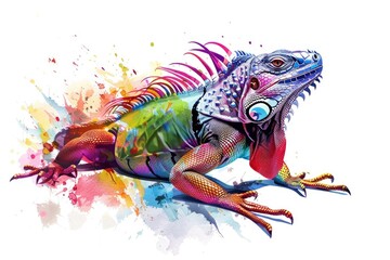 Wall Mural - A vibrant iguana with artistic paint splatters on its scales, perfect for creative or humorous uses