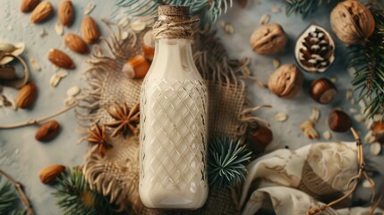 Poster - Almond Milk Bottle with Nuts on Table Top View