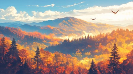 Wall Mural - A beautiful autumn landscape with a mountain range in the background. Anime background