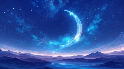 a beautiful blue sky with a large moon in the middle. anime background