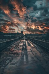 Wall Mural - A person walking across a bridge during sunset, with warm lighting and a peaceful atmosphere