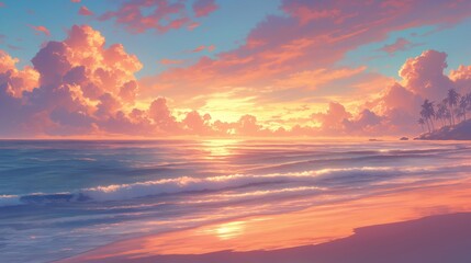 A beautiful sunset over the ocean with a palm tree in the background. Anime background