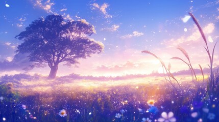 Wall Mural - A beautiful blue sky with a tree in the foreground. Anime background