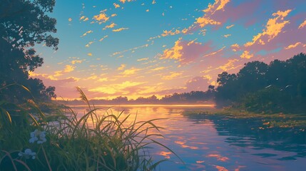 Wall Mural - A beautiful sunset over a lake with trees in the background. Anime background