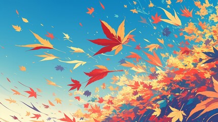 Wall Mural - A painting of autumn leaves with a blue sky in the background. Anime background