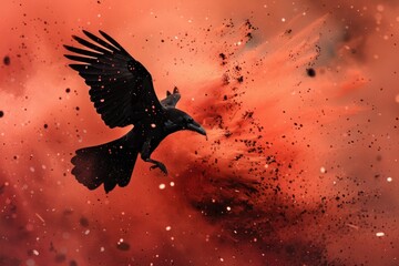 Sticker - A black bird soars through a thick red cloud