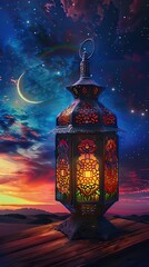 Wall Mural - Ramadan Kareem - Moon And Arabian Lantern With Blue Sky At Night With Abstract Defocused Lights - Eid Ul Fitr. AI generated illustration