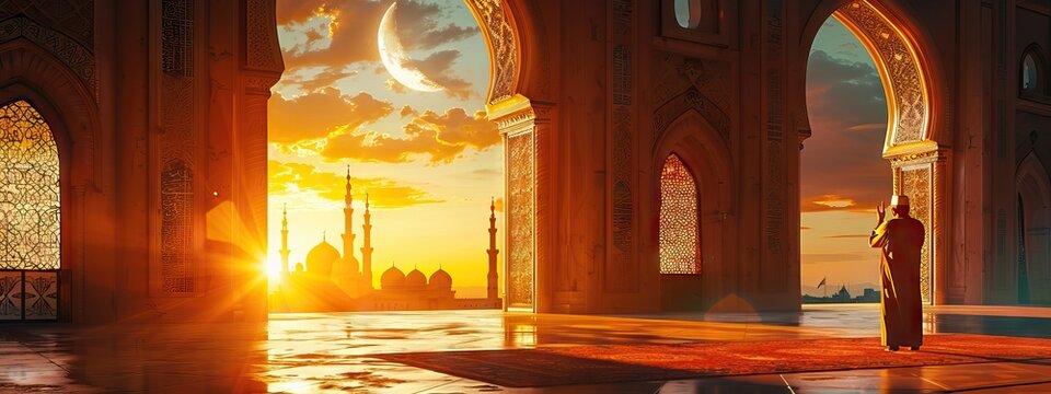 Religious muslim man praying inside the mosque. AI generated illustration