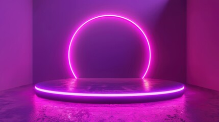Wall Mural - Purple neon showcase mockup with circular product display stage