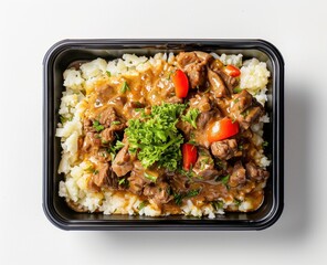 Wall Mural - Beef Stew with Rice and Parsley in a Black Container