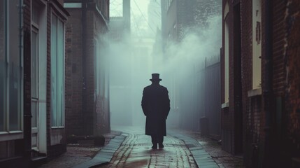 Wall Mural - A gentleman walking down the street wearing a top hat and coat, providing an image of elegance and sophistication
