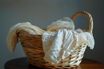 Canvas Print - A wicker basket filled with white cloth, perfect for storing linens or other delicate items