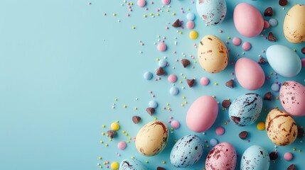 Poster - Colorful chocolate Easter eggs on neon blue background with space for text Holiday theme viewed from above