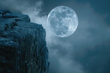 Sticker - A full moon shines brightly above a rugged rocky cliff, perfect for use in astronomy or nature-themed designs