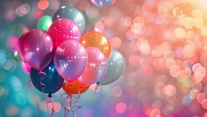 Poster - A group of colorful balloons and bubbles float in front of a bright, blurred background.