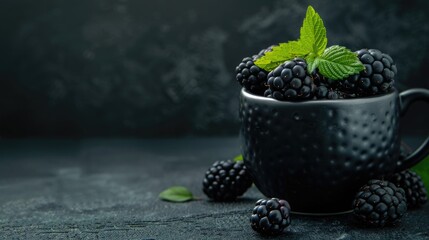 Sticker - Blackberry in black cup on dark surface with copy space still life concept summer season vertical image blurry berries