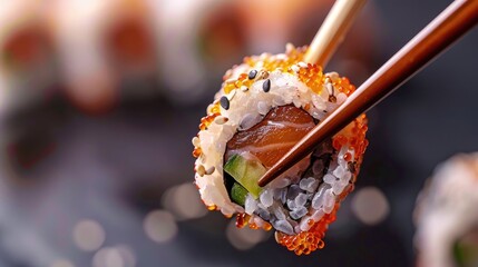 Wall Mural - Close up of sushi roll held with chopsticks with text space