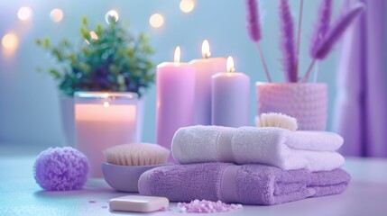 Canvas Print - Bath supplies and lit candles on bright background