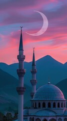 Wall Mural - Islamic Background,Dome Mosques,Crescent Moon,Starry on Dark Blue Sky Background,Vetor symbol islamic religion with twilight sky,Banner Eid al Adha,Eid al fitr,Mubarak. AI generated illustration