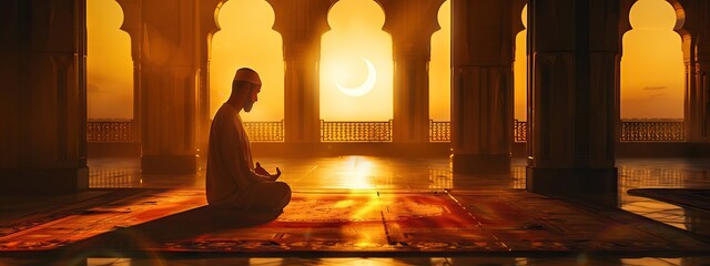 Religious muslim man praying inside the mosque. AI generated illustration