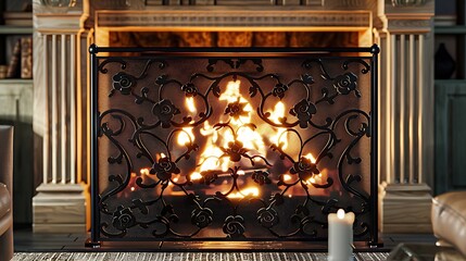 decorative fireplace screen made of black iron with a pattern of climbing roses, set in front of a roaring fire in a cozy living room