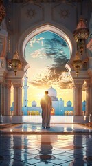 Wall Mural - Religious muslim man praying inside the mosque. AI generated illustration