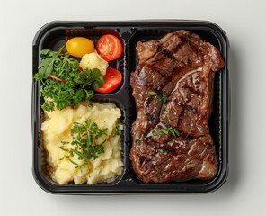 Wall Mural - Grilled Steak with Mashed Potatoes and Tomatoes in a Black Plastic Container