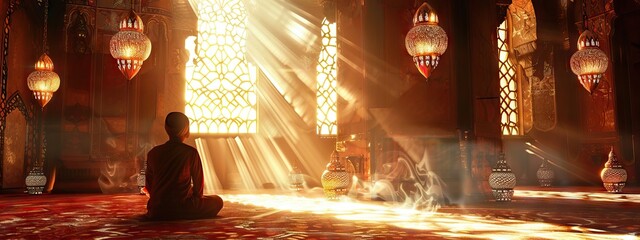 Wall Mural - Religious muslim man praying inside the mosque. AI generated illustration