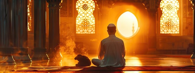 Wall Mural - Religious muslim man praying inside the mosque. AI generated illustration