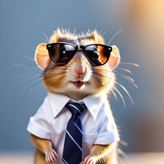 Wall Mural - A Funny Mr. cute Small rodents wearing sunglasses and dressed in shirt and tie, smiling, meme, humorous, on blur background,