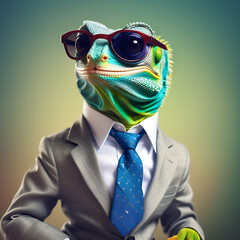 Wall Mural - Funny A Mr. cute Chameleon wearing sunglasses and dressed in shirt and tie, smiling, meme, humorous, on blur background,