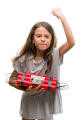 Poster - Brunette hispanic girl holding a bomb annoyed and frustrated shouting with anger, crazy and yelling with raised hand, anger concept